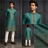 Teal Green Gold Embroidered Festive Kurta for Men