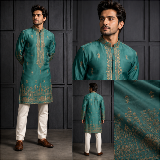 Teal Green Gold Embroidered Festive Kurta for Men