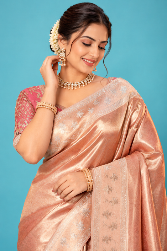 Elegant Rose Gold Peach Designer Saree with Delicate Floral Zari Work & Rich Traditional Pallu