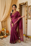 Wine Checked Silk Saree with Traditional Gold Zari Border