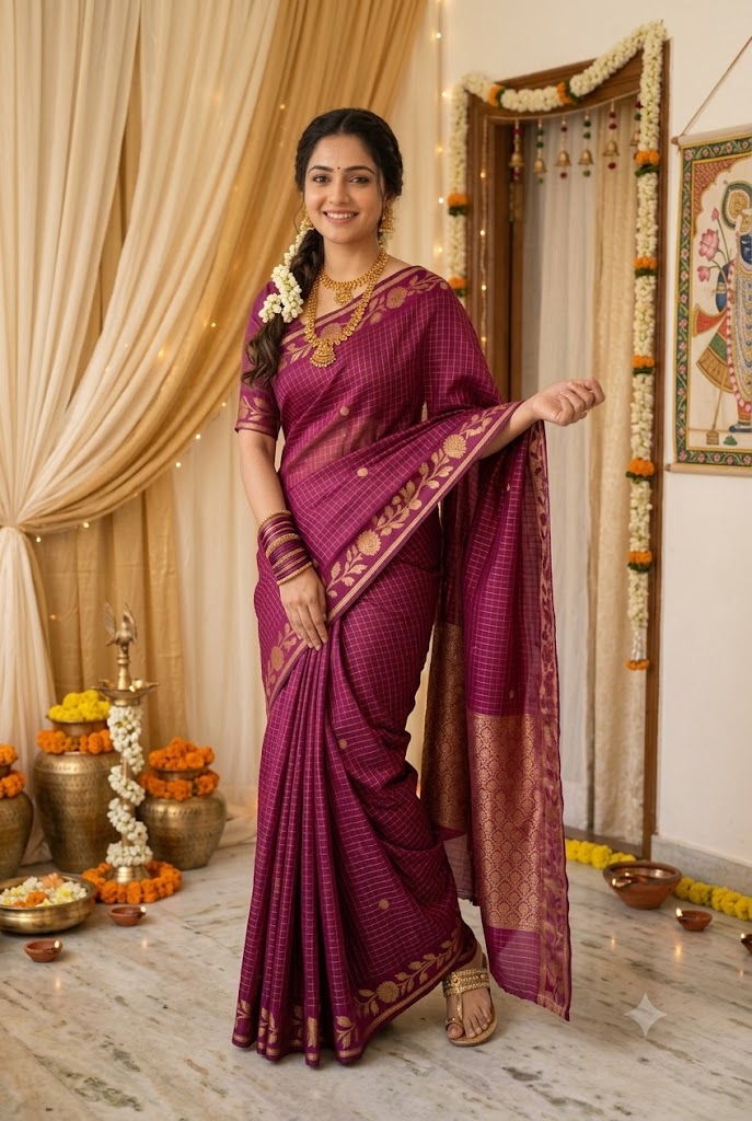 Wine Checked Silk Saree with Traditional Gold Zari Border