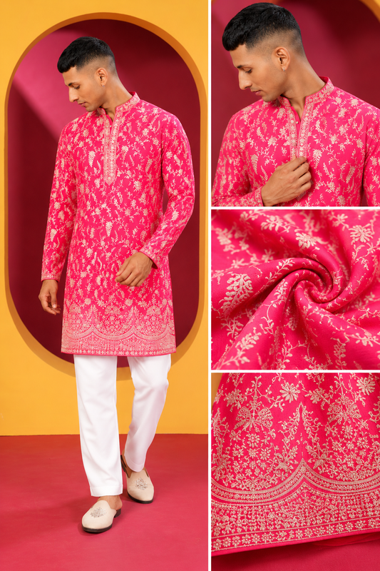 Men's Rani Pink Floral Printed Festive Kurta Pajama Set