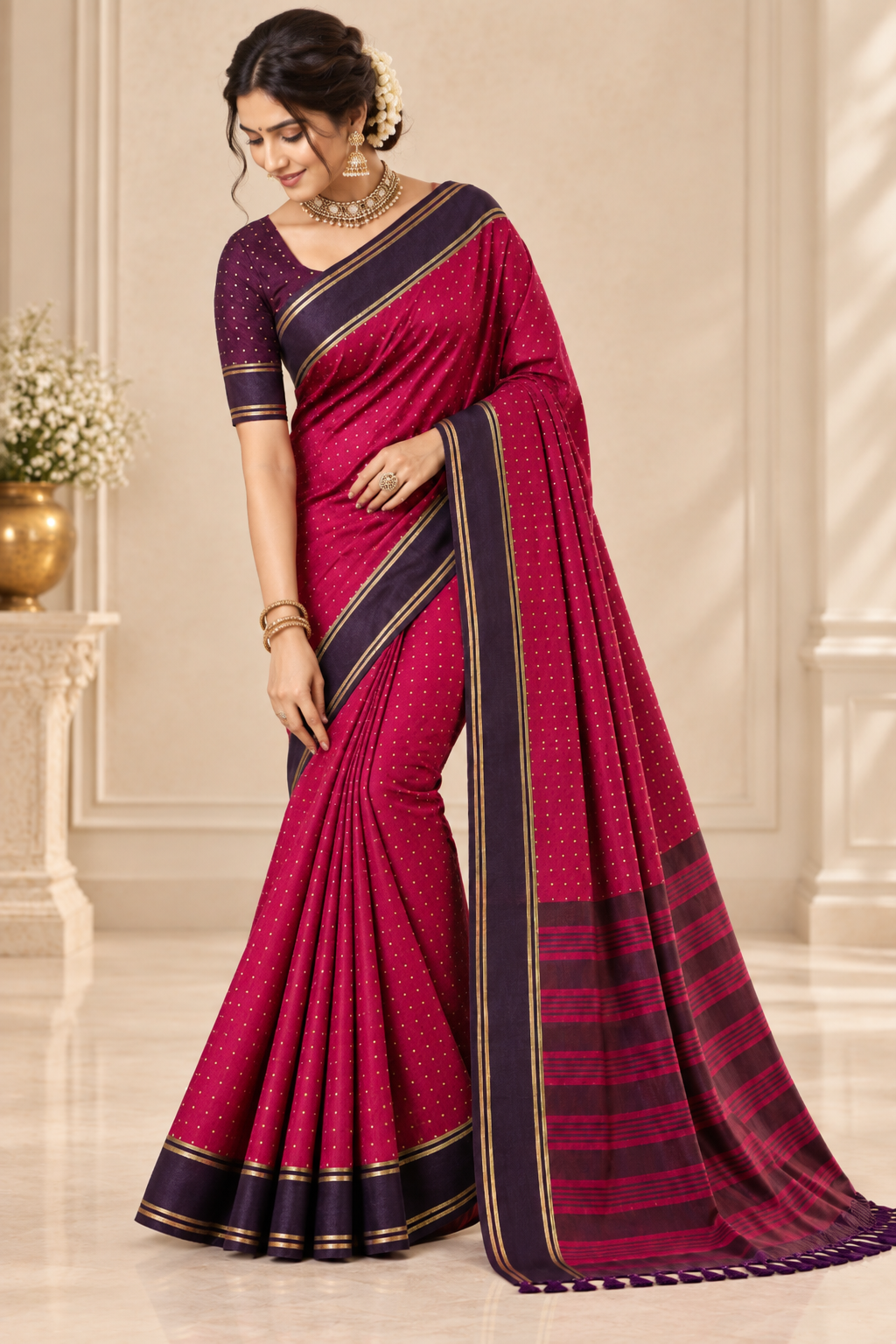 Magenta Pink Traditional Saree with Deep Purple Border