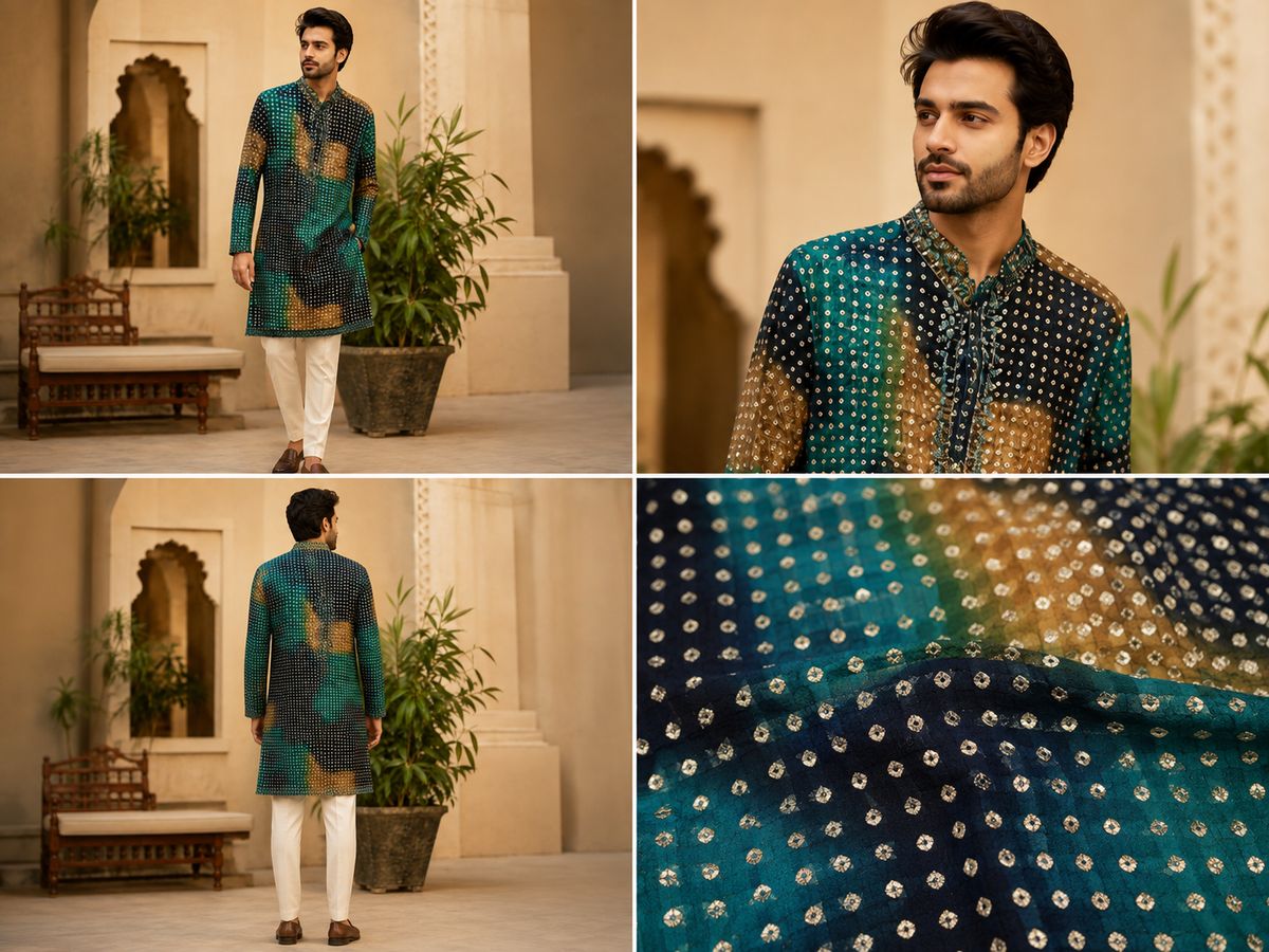 Emerald & Black Bandhani Festive Kurta for Men