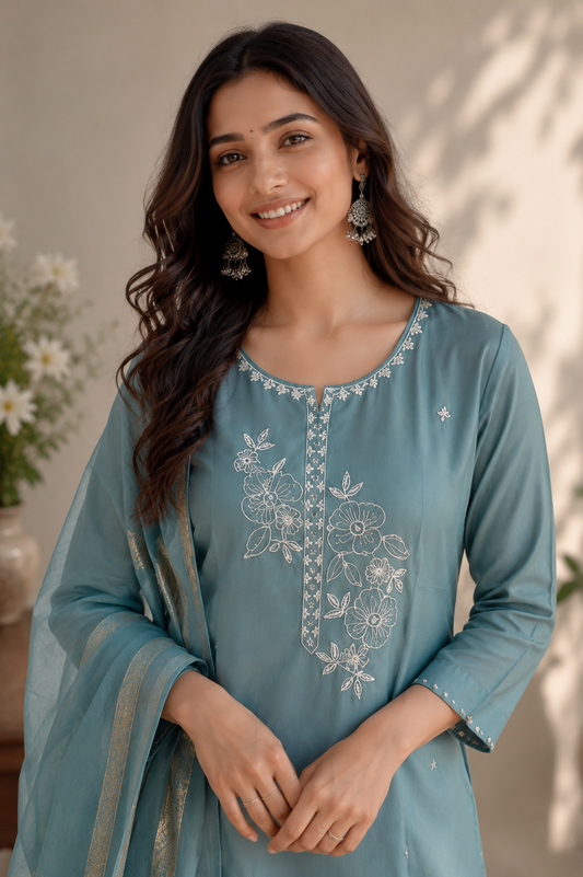 Powder Blue Kurti Pant & Dupatta Set