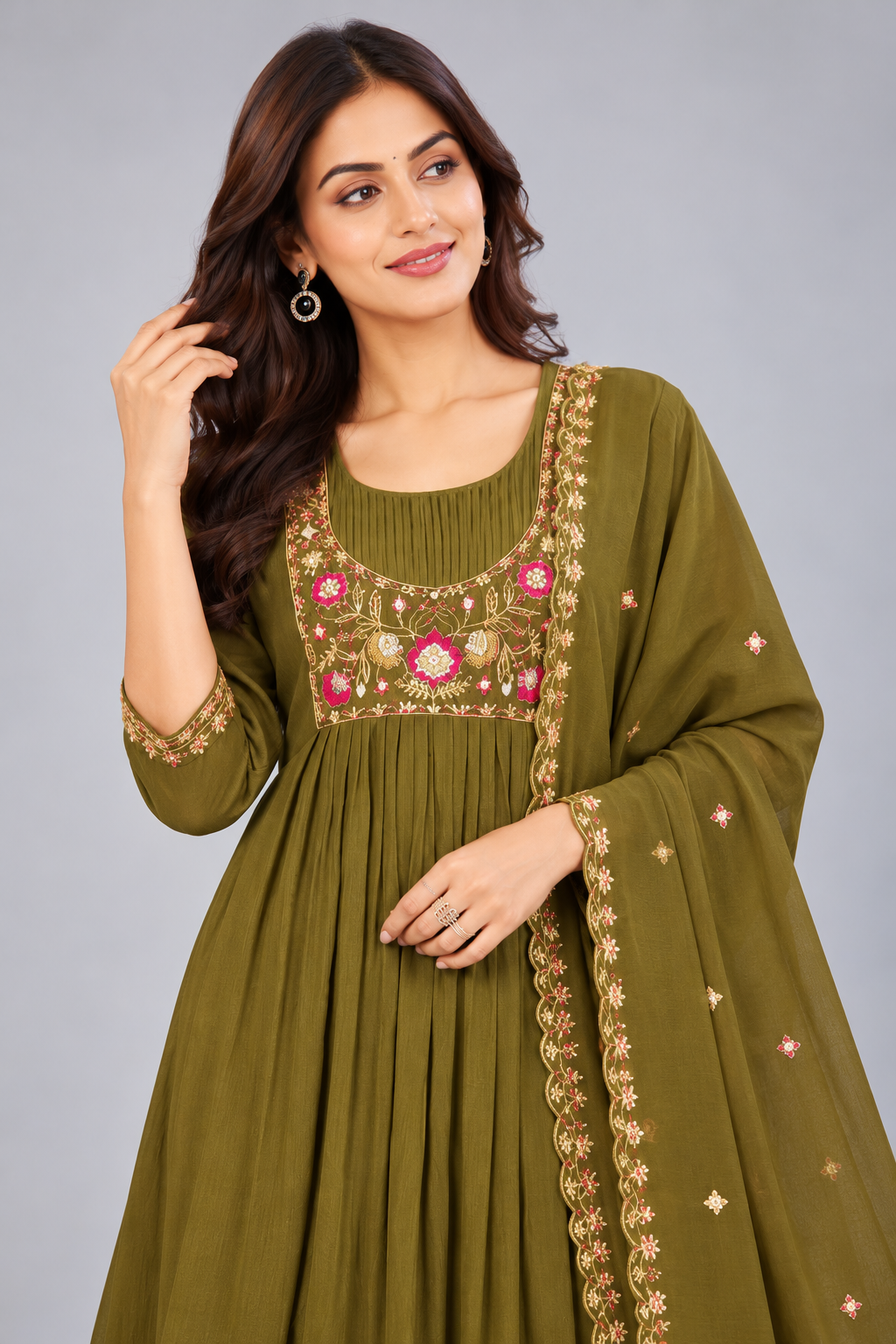 Olive Green Floral Embroidered Anarkali Kurti Pant Set with Dupatta