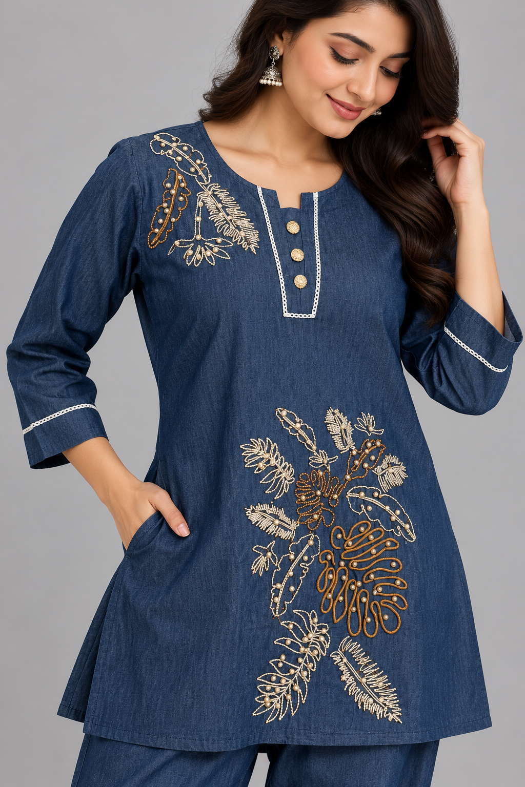 Women's Indigo Blue Embroidered Denim Co-Ord Set