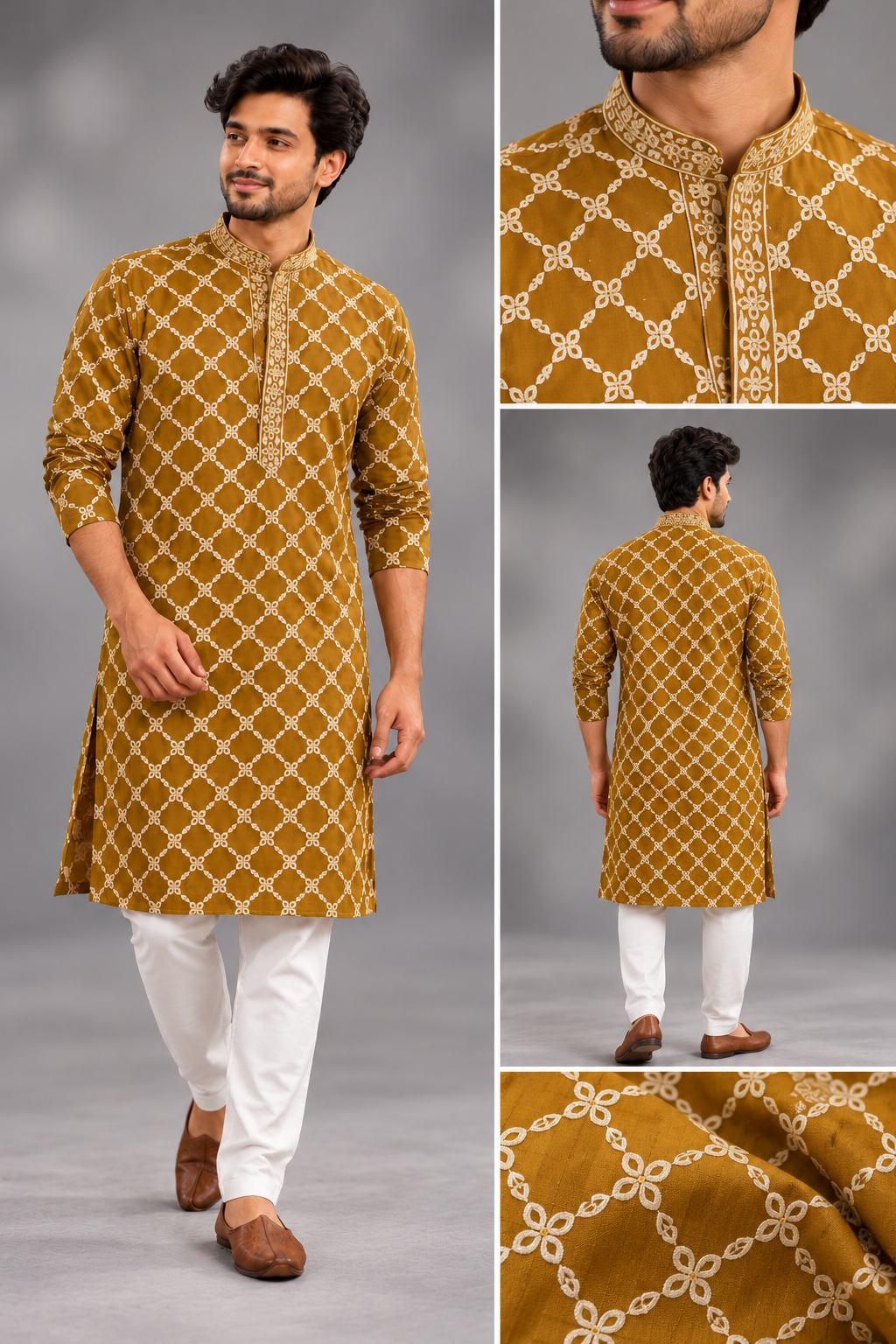 Mustard Gold Embroidered Kurta Set for Men