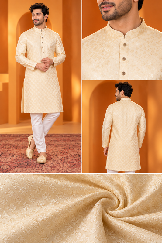 Men's Premium Ivory Gold Jacquard Kurta Set