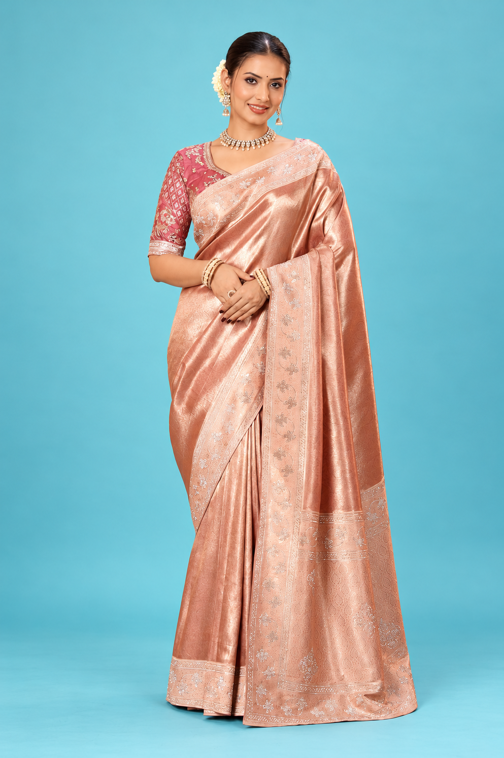 Elegant Rose Gold Peach Designer Saree with Delicate Floral Zari Work & Rich Traditional Pallu