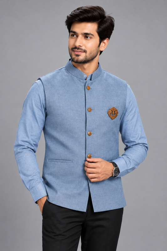 Men's Premium Sky Blue Nehru Jacket with Matching Shirt