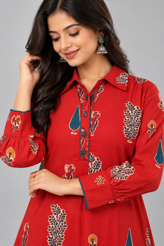 Elegant Red Floral Printed A-Line Kurta with Palazzo Set