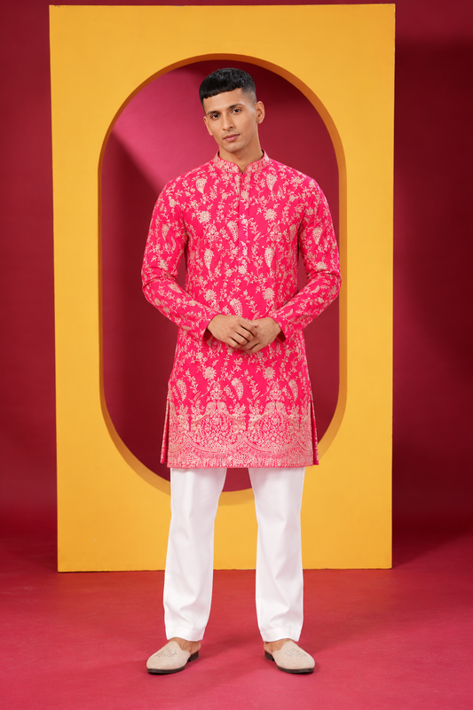 Men's Rani Pink Floral Printed Festive Kurta Pajama Set