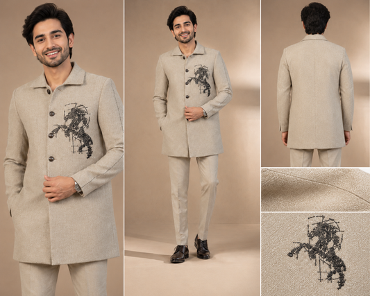 Men’s Beige Embroidered Indo-Western Suit