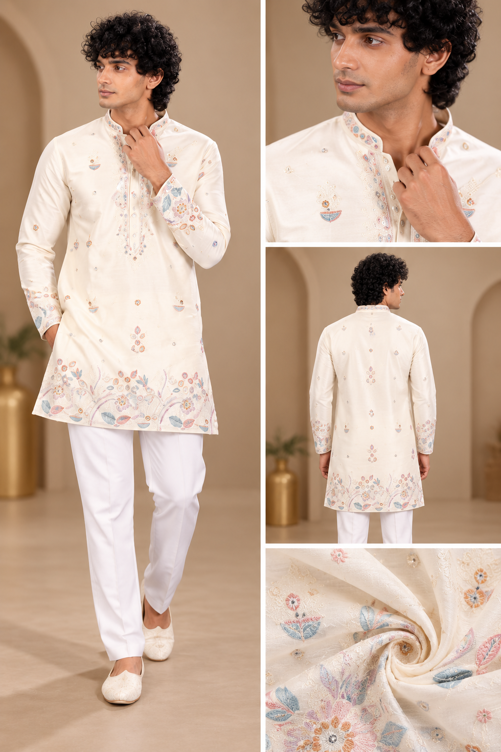 Ivory Floral Embroidered Festive Kurta Set