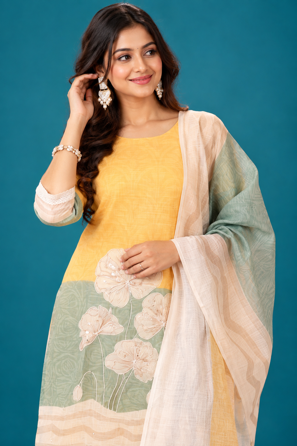 Elegant Mustard & Sage Floral Kurta Set