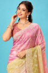 Elegant Baby Pink & Pastel Yellow Designer Saree with Delicate White Floral Embroidery & Scalloped Border