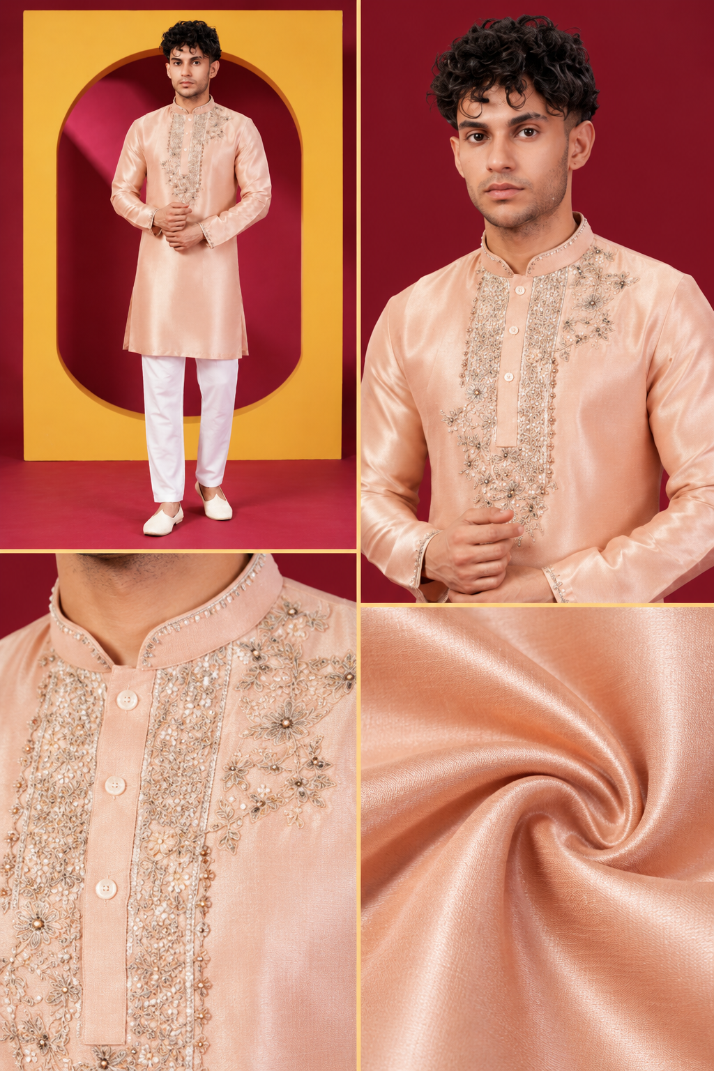 Men's Premium Peach Embroidered Festive Kurta Pajama Set