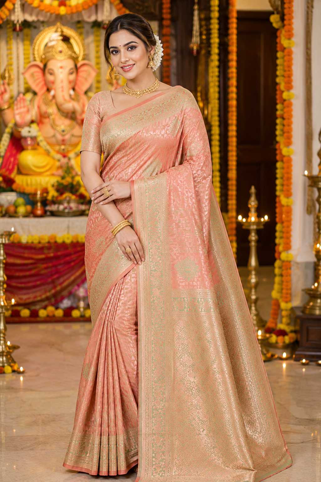 Rust Orange & Mint Green Saree with Rich Zari Pallu