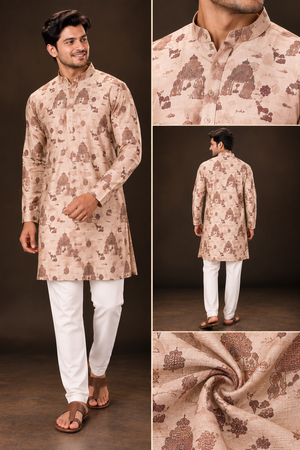 Peach Printed Festive Kurta Set