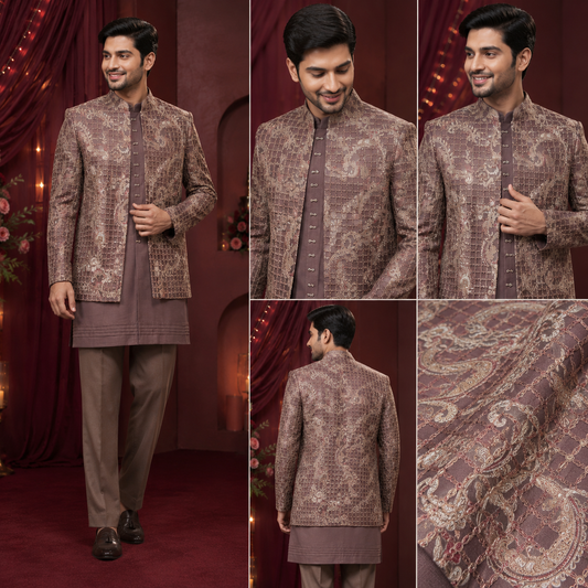 Mocha Brown Embroidered Indo-Western Jacket Set