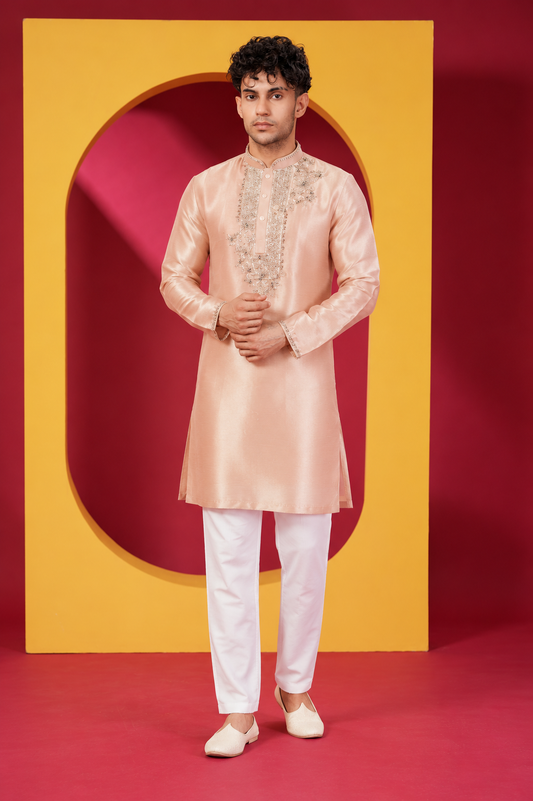 Men's Premium Peach Embroidered Festive Kurta Pajama Set