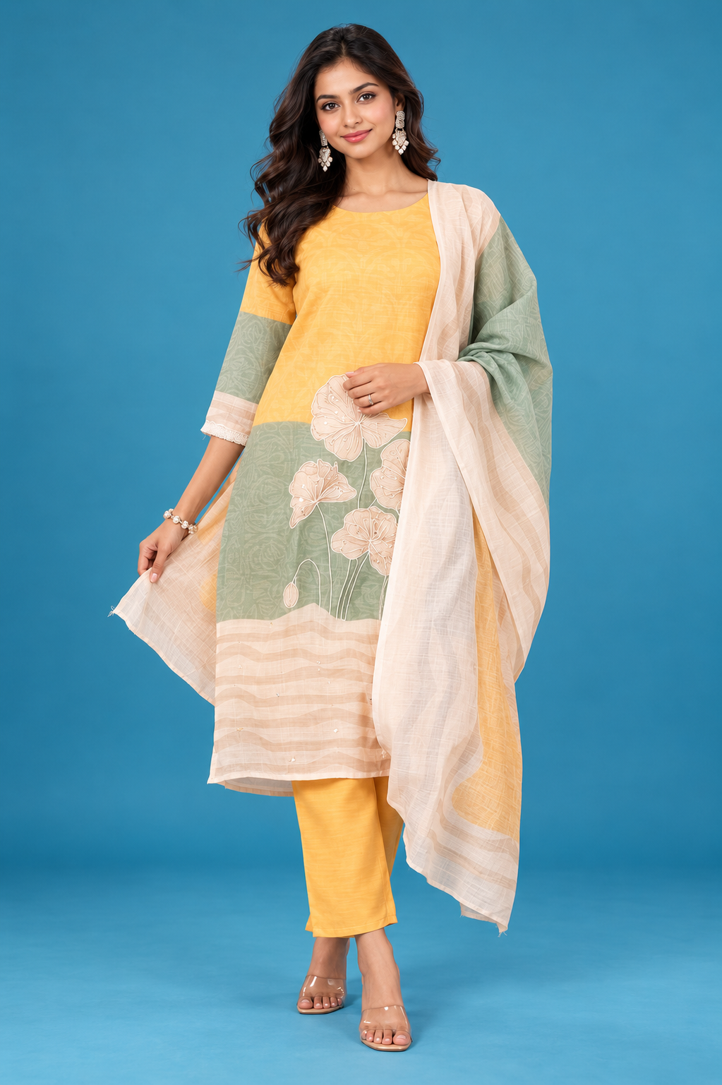 Elegant Mustard & Sage Floral Kurta Set