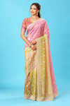 Elegant Baby Pink & Pastel Yellow Designer Saree with Delicate White Floral Embroidery & Scalloped Border