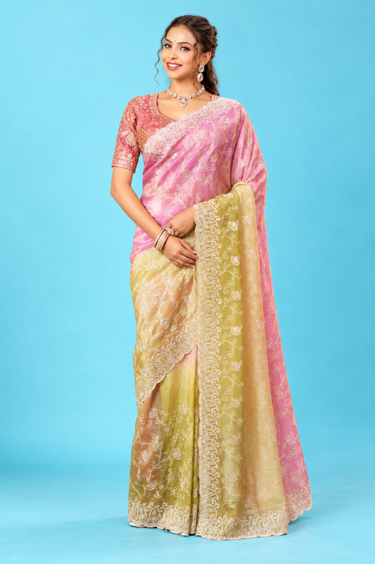 Elegant Baby Pink & Pastel Yellow Designer Saree with Delicate White Floral Embroidery & Scalloped Border