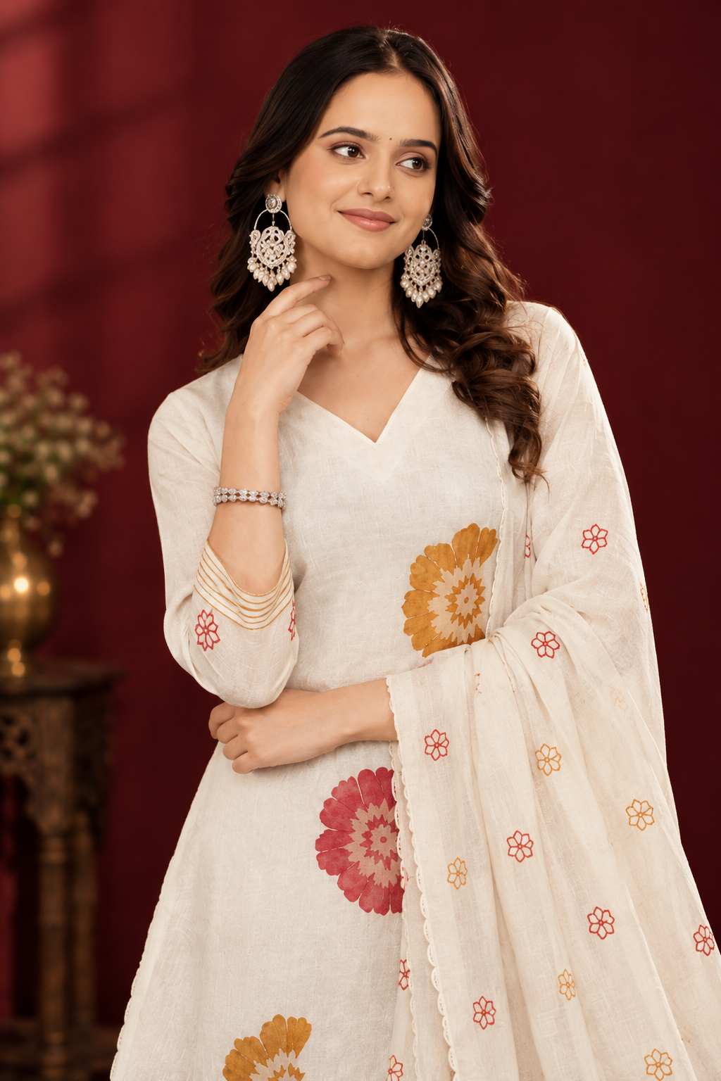 Ivory Floral Print Kurta Set with Dupatta