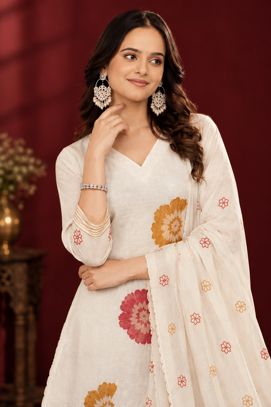 Ivory Floral Print Kurta Set with Dupatta