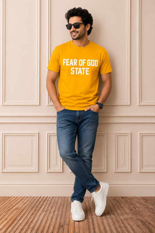 Fear of God State Graphic T-Shirt – Mustard Yellow | Premium Cotton Casual Wear