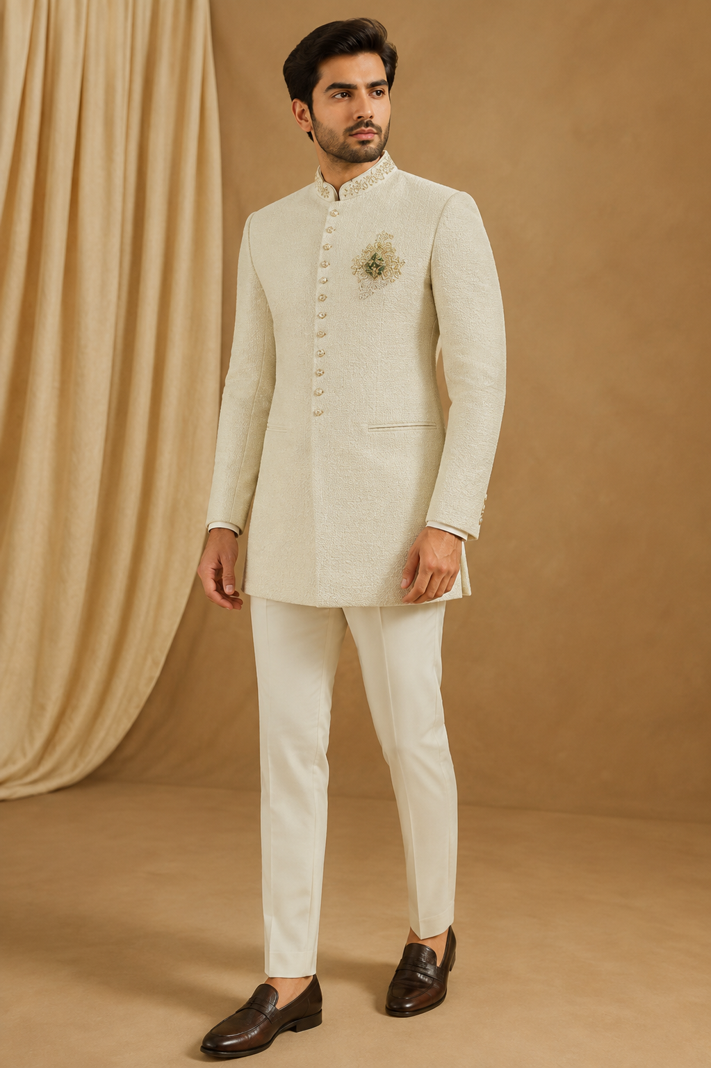 Ivory Textured Embroidered Indo-Western Set