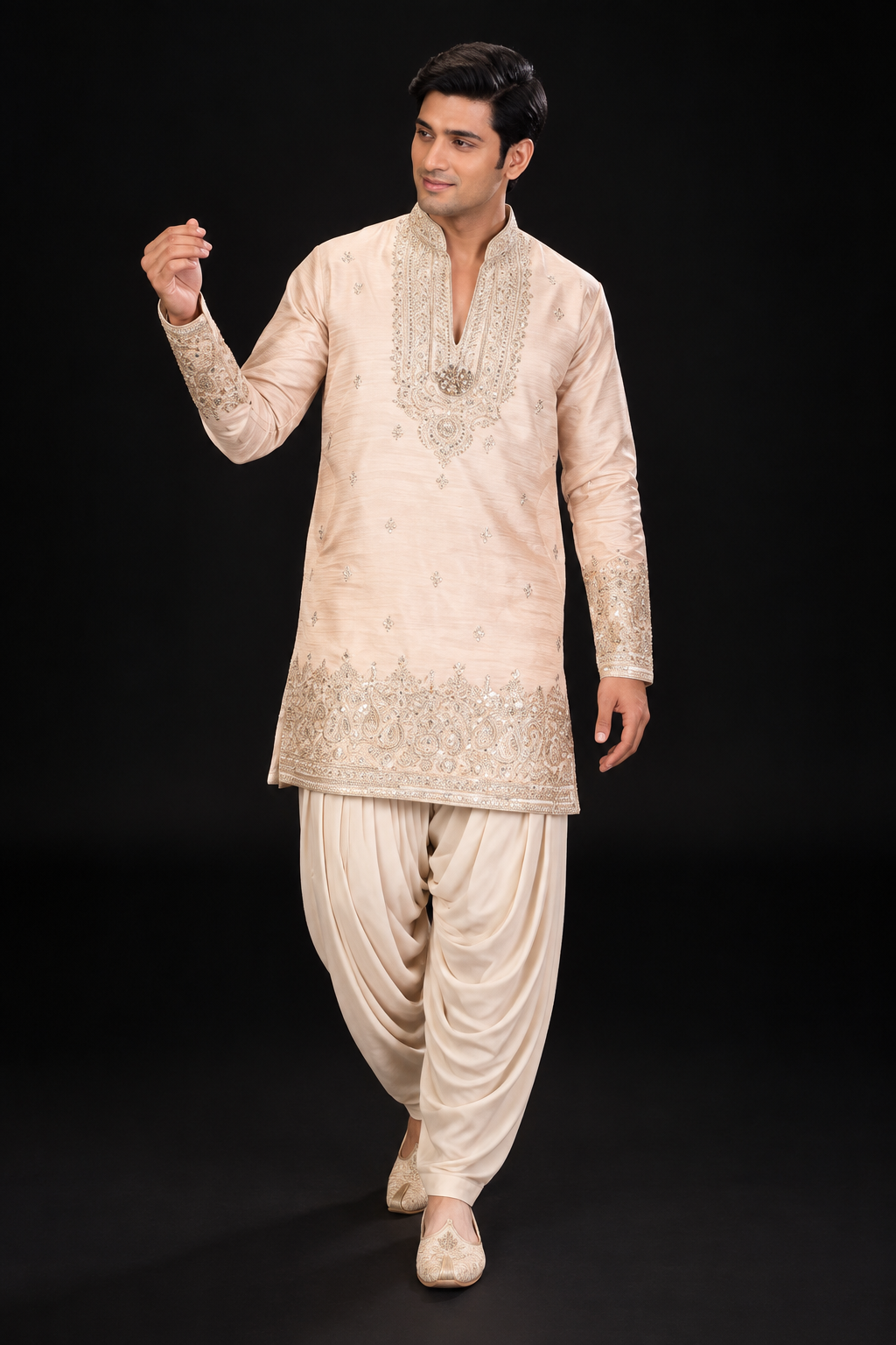Peach Embroidered Kurta with Draped Dhoti