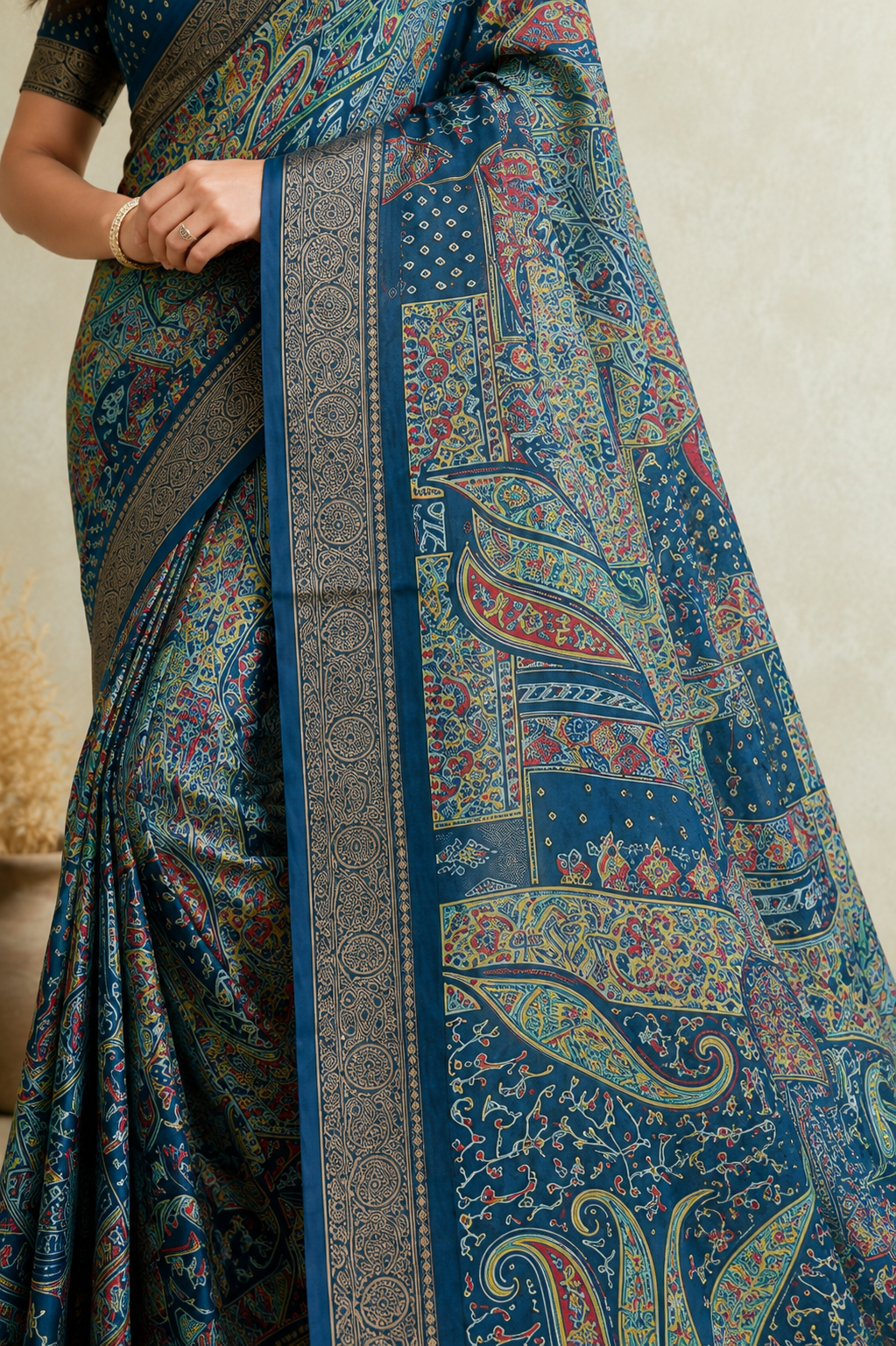 Elegant Blue Printed Saree with Intricate Paisley Design