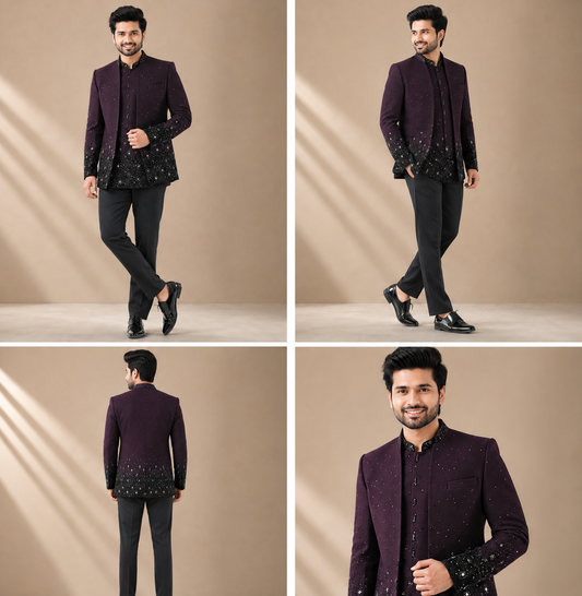 Wine Purple Embellished Indo-Western Jacket Set for Men