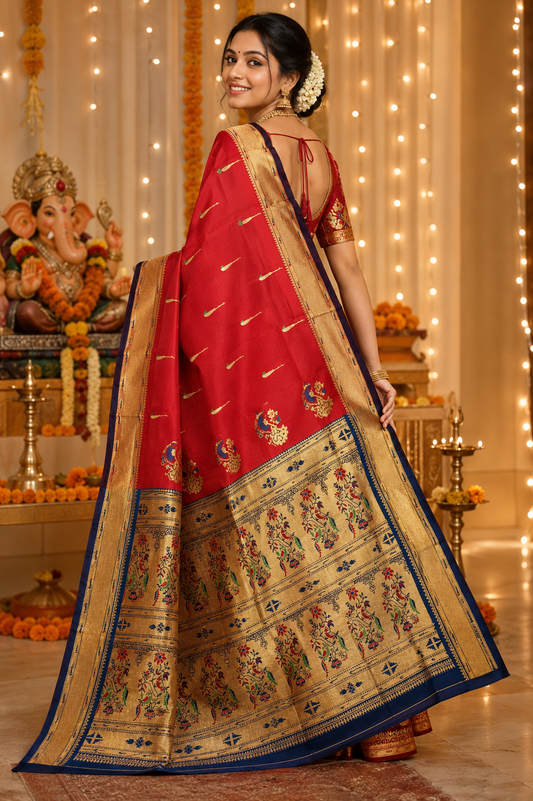 Red & Gold Paithani Saree with Traditional Peacock Pallu