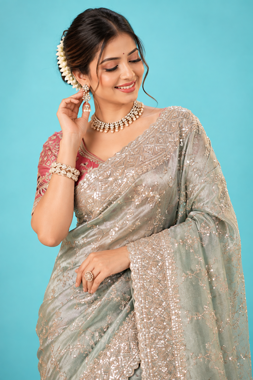 Elegant Sage Green Designer Saree with Heavy Silver Embroidery & Rich Scalloped Border