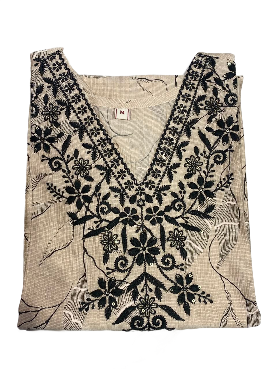 Women's Beige Leaf Printed Straight Kurti with Black Embroidered Yoke