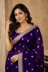 Royal Purple Organza Saree with Silver Zari Border | Elegant Party Wear Saree for Women