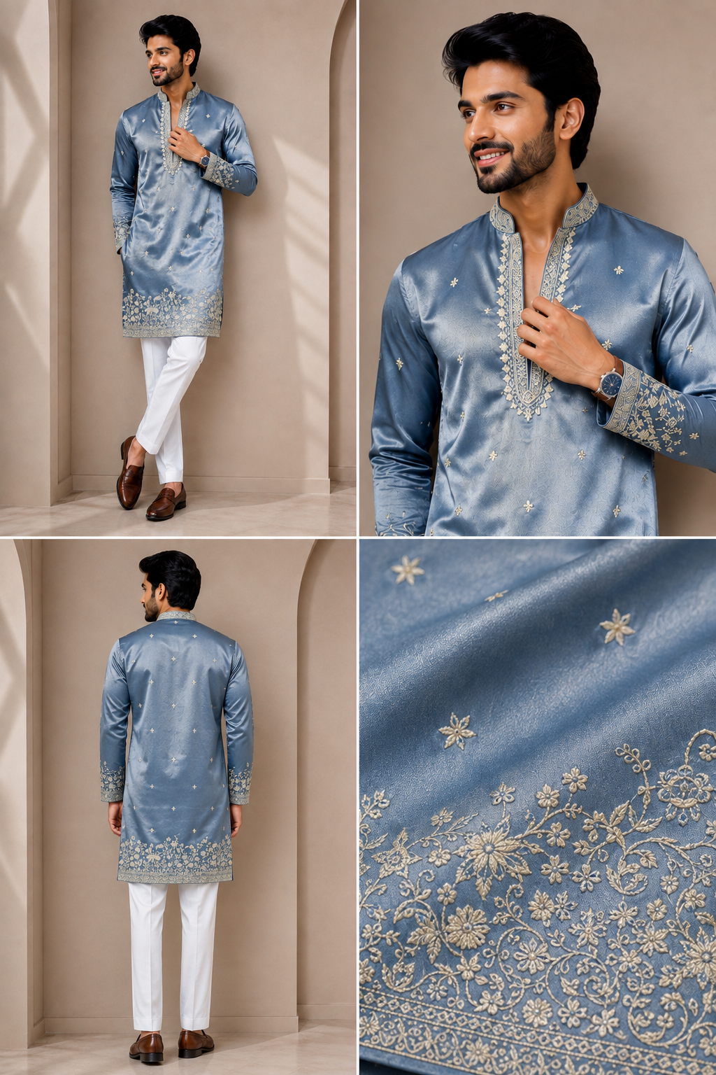 Steel Blue Embroidered Festive Kurta Set
