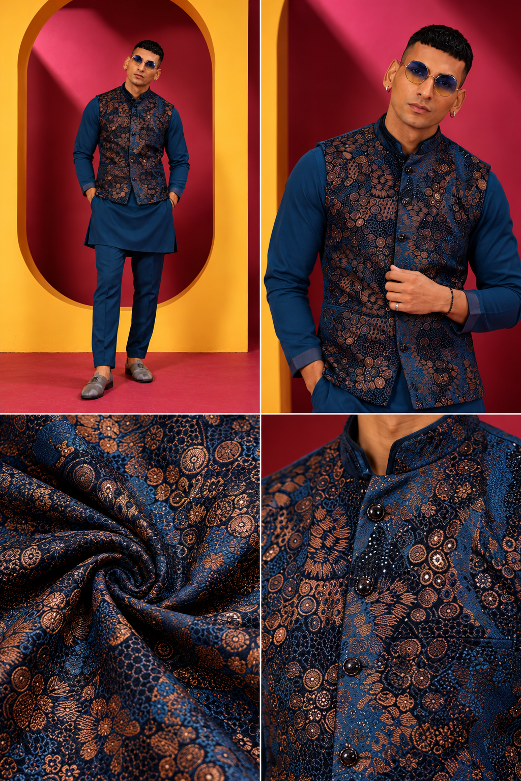 Men's Royal Navy Blue Kurta Pant Set with Floral Printed Nehru Jacket