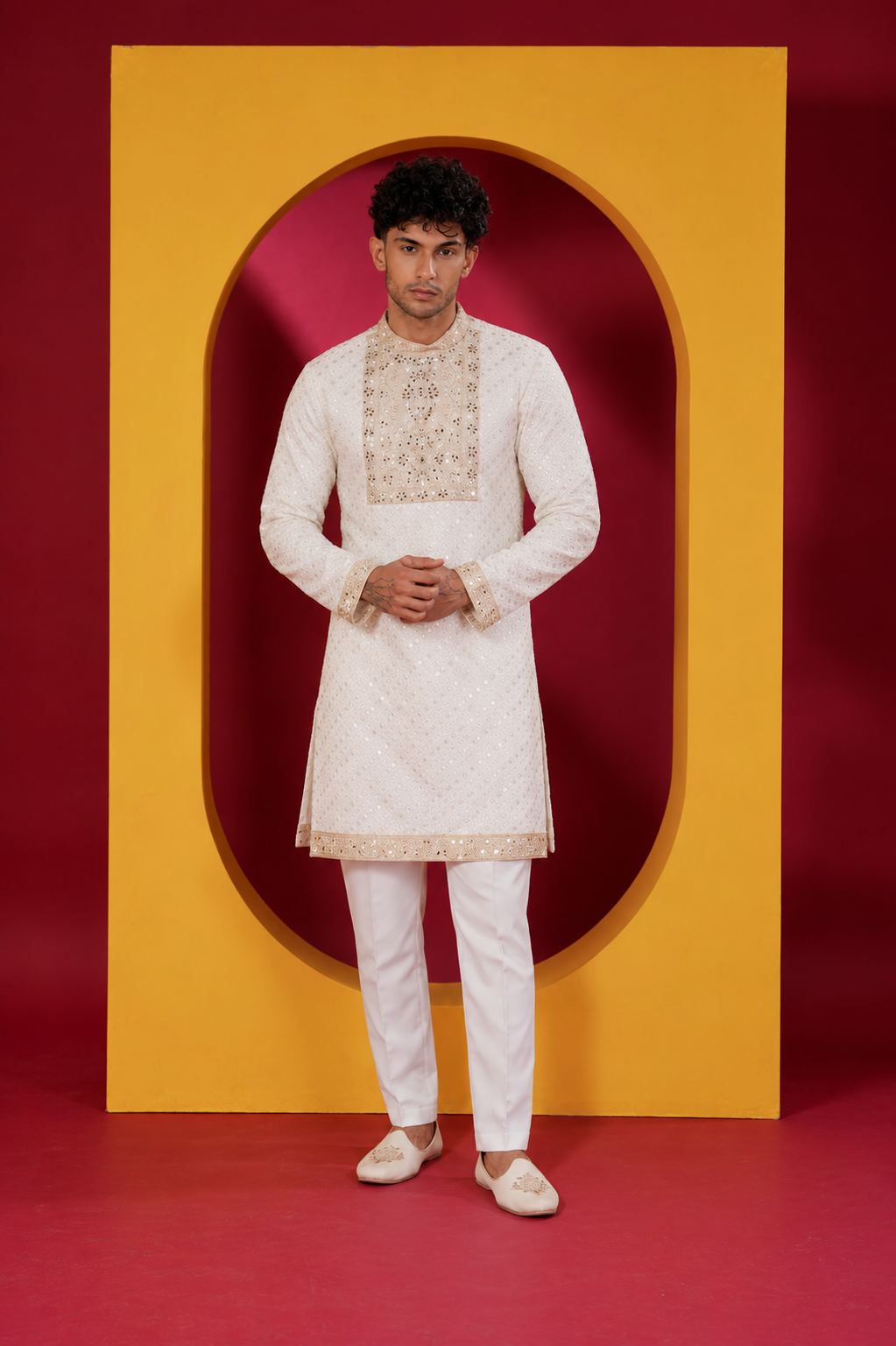 Men's Premium Ivory White Embroidered Festive Kurta Pajama Set