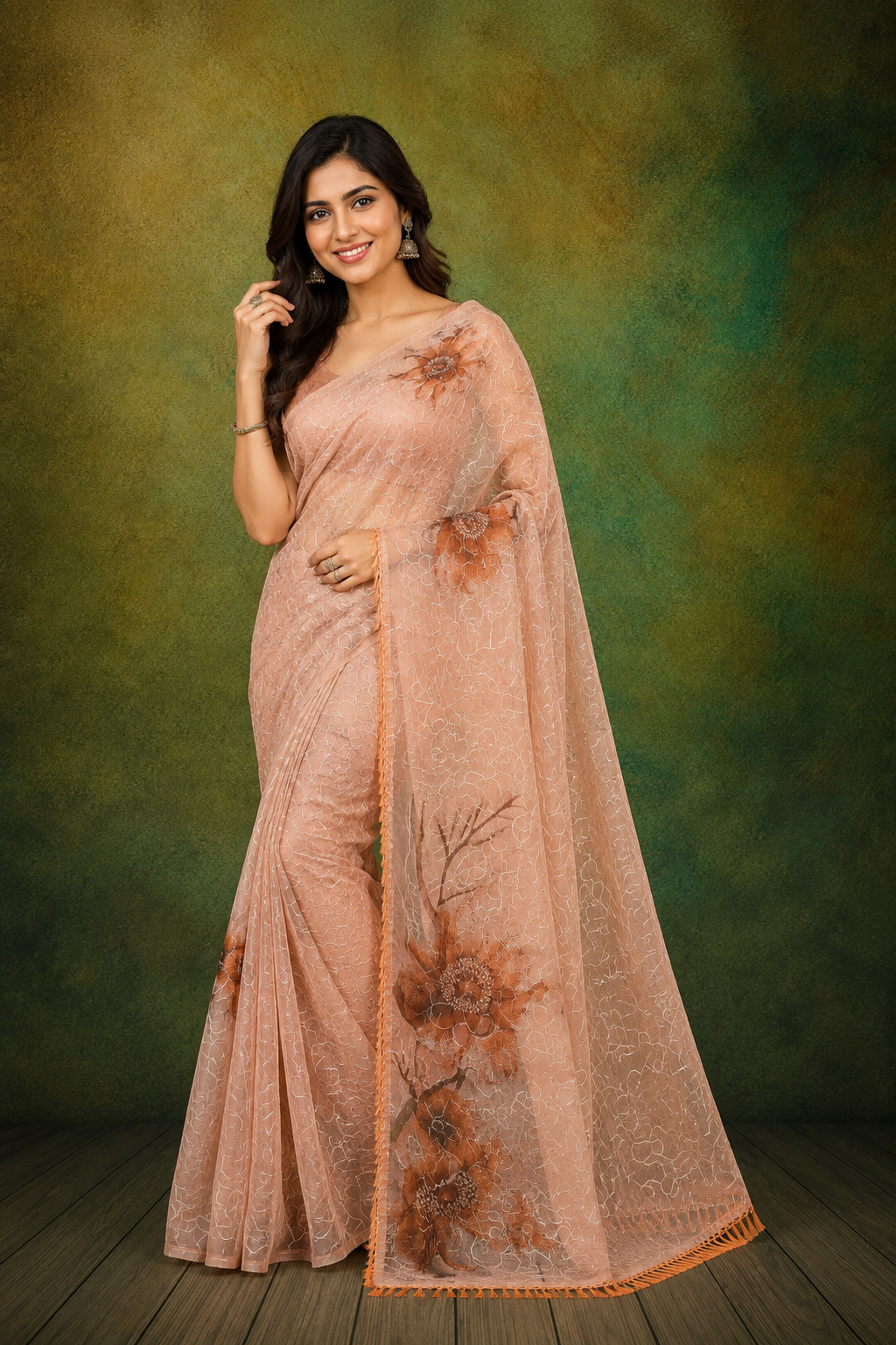 Peach Blossom Floral Organza Saree