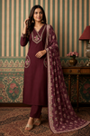 Wine Purple Floral Embroidered Cotton Kurta Pant & Dupatta Set for Women