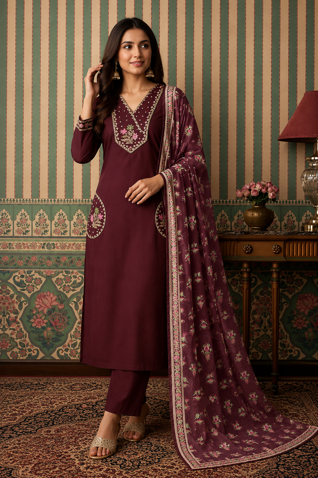 Wine Purple Floral Embroidered Cotton Kurta Pant & Dupatta Set for Women