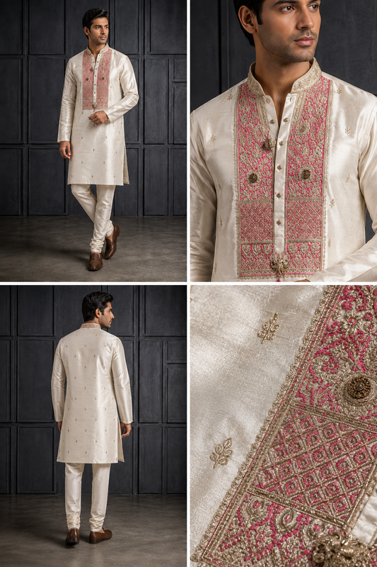 Ivory Kurta with Pink Embroidered Statement Panel