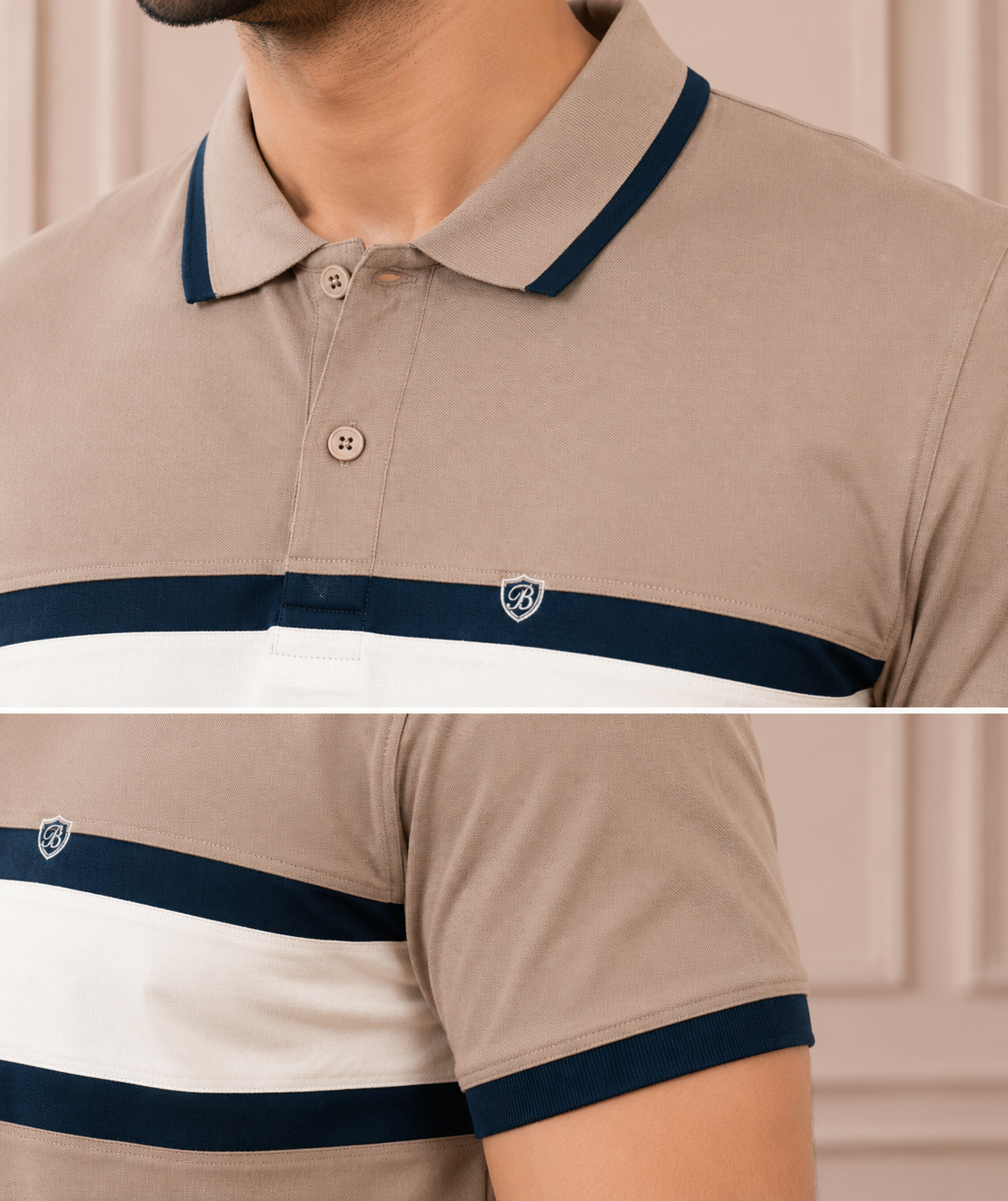 Classic Beige Striped Polo T-Shirt for Men | Premium Cotton Casual Wear