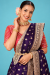 Royal Deep Blue  Designer Saree with Golden Floral Motifs & Heavy Embroidered Scalloped Border