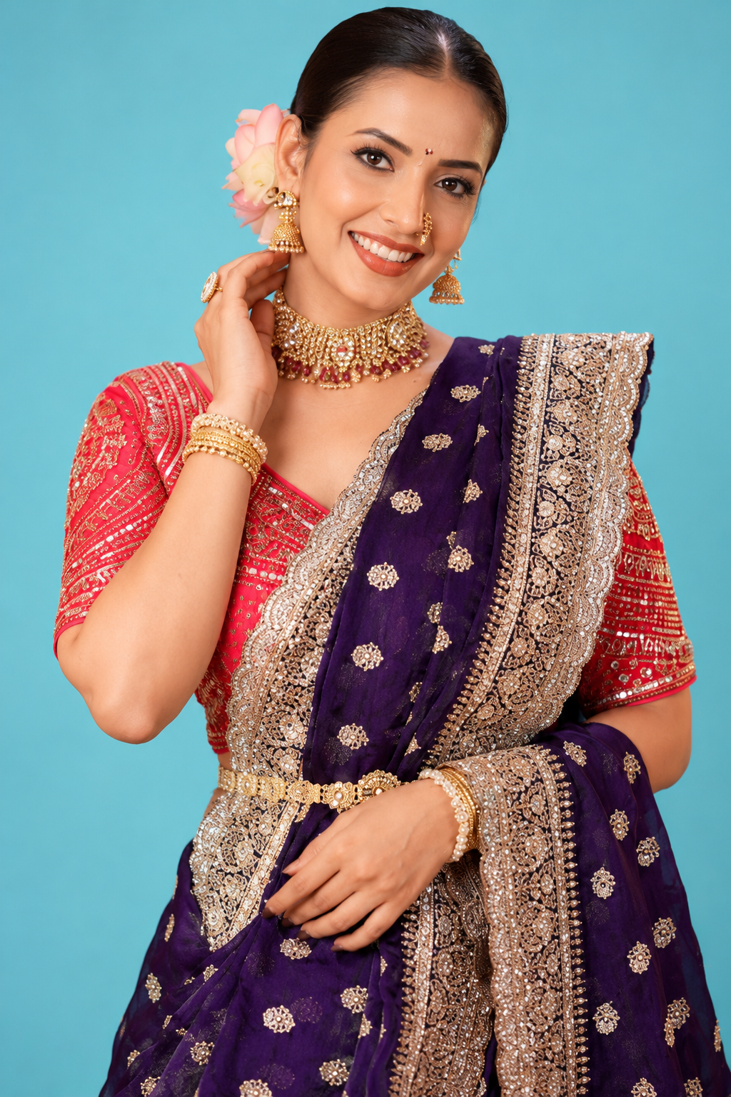 Royal Deep Blue  Designer Saree with Golden Floral Motifs & Heavy Embroidered Scalloped Border